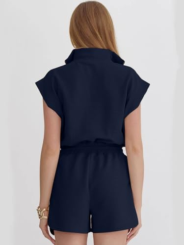 Image of Rompers for Women Summer Short Sleeve Half Zip Lapel Collar Jumpsuit Casual Drawstring One Piece Outfits with Pockets