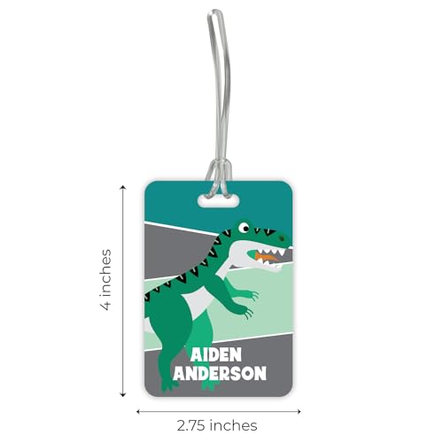 Personalized Dinosaur Luggage Tag / 2.75" x 4" Custom Prehistoric Bag Tag/Double Sided Durable Plastic Child Luggage Tag with Plastic Strap/Made in The USA2