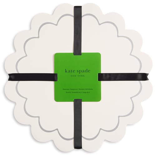 Image of kate spade new york Scallop Edge Round Reversible Placemats 6-Pack Set, Imitation Leather with Metallic Print, Water Resistant, Easy Wipe Clean, White /Silver, 15 inch Round