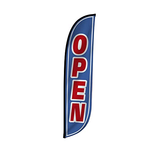 LookOurWay Feather Flag Banner - 12 Feet Tall Advertising Sign Swooper Flag Only, No Poles - Grand Opening Flags - Open Blue & Red (10M1200107)