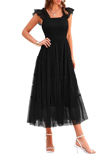 PRETTYGARDEN Women's Summer Tulle Midi Dress Sleeveless Smocked Ruffle Flowy Mesh Dresses Party Wedding Guest Sundress (Black,Large)