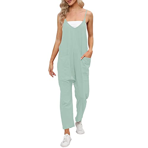 Mono para mujer, verano, fluido, de gran tamaño, sin mangas, con cuello en V, mono chic y elegante, de piernas anchas, descontratadas, color sólido con bolsillos mameluco
