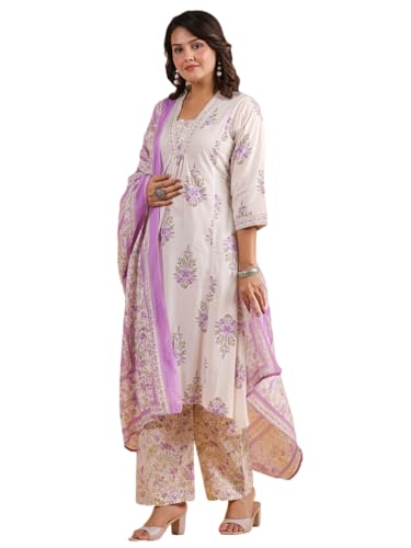 Image of Vbuyz Women Floral Print With Mirror Work Cotton Kurta Palazzo With Dupatta