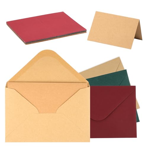 Briefumschläge mit Karten Blanko, 50er Set Umschläge Faltkarten zum Selbstgestalten, Kuvert Doppelkarten für Grußkarten, Einladung, Geburtstagskarten, Dankeskarten (Braun,Kieferngrün,Dunkelrot, 11*16)