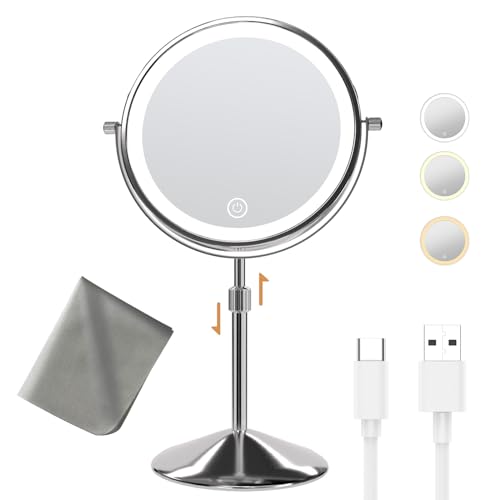 BYNIUA 8” Lighted Makeup Mirror 2000mAh Rechargeable Double Sided Magnifying Vanity Mirror 1x/10x 360° Rotation Touch Screen Vanity Mirror 3 Colors Adjustable Cosmetic Light up Mirror