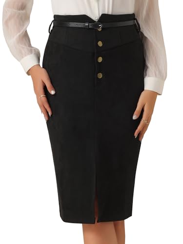 Allegra K Faux Suede Skirt for Women's High Rise Button Front A-line Slit Skirt X-Large Black