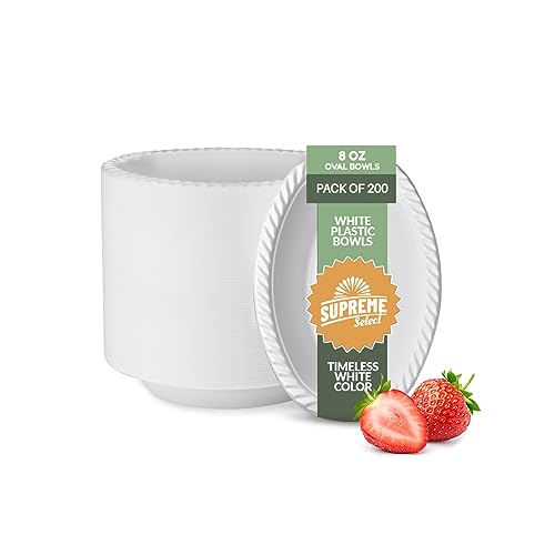 Supreme Select BE20077-2 White Disposable Plastic Bowls [Pack Of 200 | 8 Oz Oval Bowls] Microwave Safe Disposable Bowls- Sturdy Rimmed Soup/Salad/Dessert/Ice Cream Bowls cover