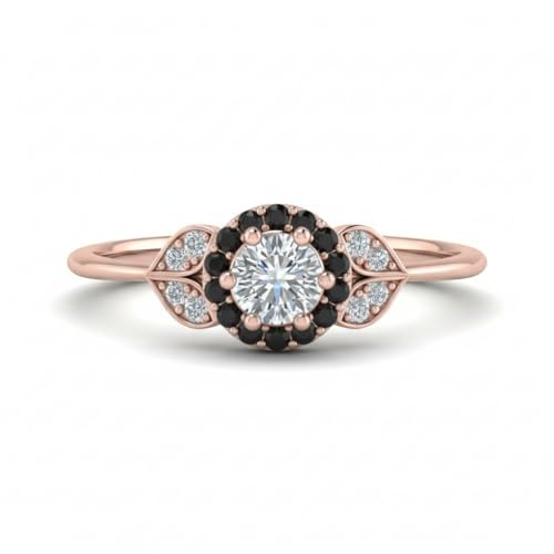Image of Rose Gold Plated Diamond CZ & Blue Sapphire Petal Halo Engagement Ring for Women, Petite Round Shape Wedding & Everyday Jewelry, Handmade Gift for Wife US Size 4-12