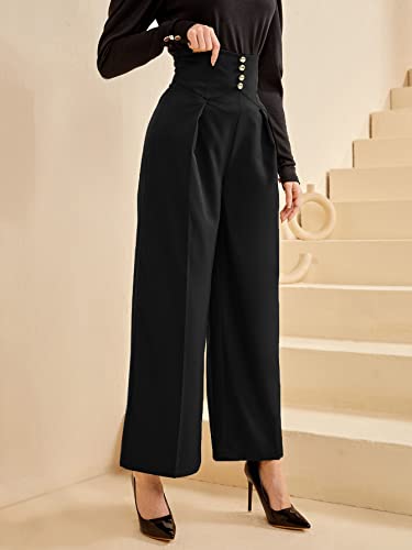 SweatyRocks Women's Elegant High Waist Pleated Pants Button Front Wide Leg Trouser Pants3