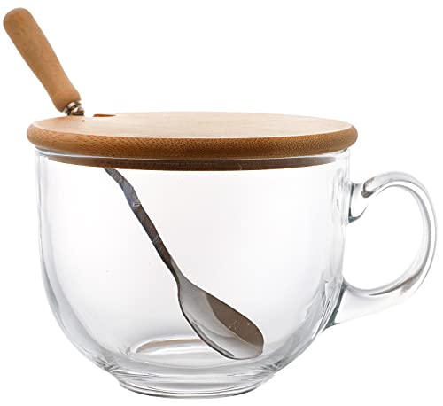 Lawei L-GLASSCOFFEEMUG-6PC-15OZ Set Of 4 Glass Coffee Mug With Bamboo Lid And Spoons, 15 Oz Clear Jumbo Glass Cup thumb #2