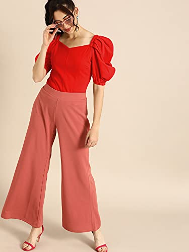 Image of Lymio Women's Crop Red Color V Neck Half Sleeve Polyester Solid Top
