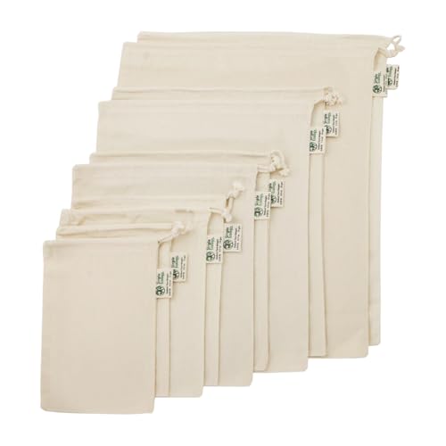 Simple Ecology Reusable Grocery Produce Shopping and Storage Bags, Organic Cotton Muslin, Set of 10 (2 ea. XL, L, M, S, XS)