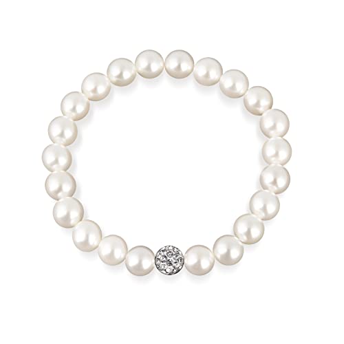 Women Round White Pearls Bracelet: Elegant Strand Jewelry with Rhinestone Clay Beads Ball for Woman Girls Lady - Trendy Simple Dainty Wedding Fashion Prom Accessory for Mother