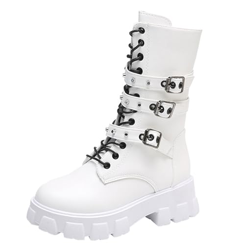 Women's Goth Lace Up Chunky High Heel Mid Calf Boots Round Toe Rivets Decoration Side Zip Combat Boots Lug Sole Platform Motorcycle Ankle Bootie