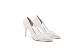 Heels for Women Sexy Pointed Closed Toe Kitten Heels Comfortable Mid Heel Wedding Party Dress Shoes Ladies Lace Pumps(White,4.5)
