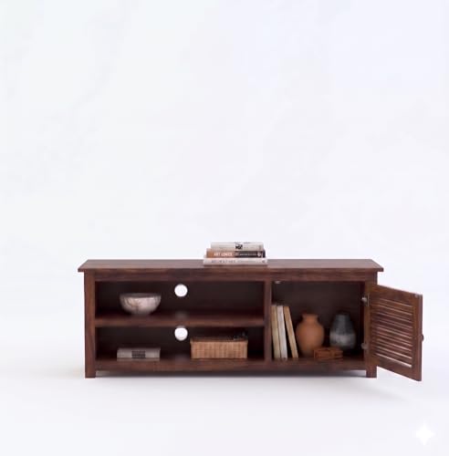 Image of Sheesham Wood TV Unit Cabinet with Shelf Storage for Home Living Room | Wooden Furniture for Office Decor - Walnut