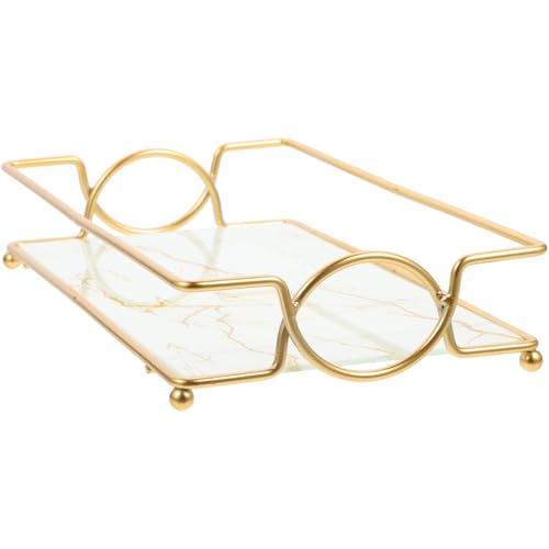 FELTECHELECTR Panier de Rangement pour Coiffeuse en Fer et Verre Surface Marbrée Lisse Blanche, Organisateur Pratique pour Bijoux et Accessoires sur Plan...