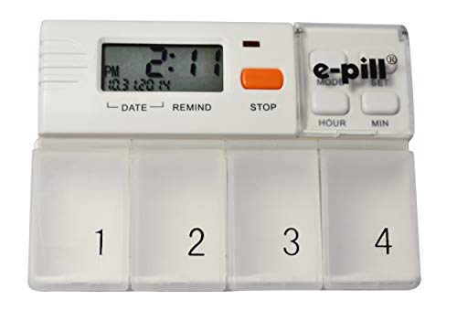 e-Pill MedGlider Reminder with Attached 4 Compartment Pill Box – Medium Capacity
