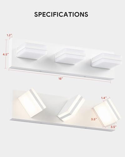 Image of VONLUCE Bathroom Vanity Light Fixture, 3-Light Modern LED Vanity Lights, 3CCT Adjustable Bathroom Light with Memory Function Rotatable Shades, 18 inch Wall Lighting Fixture Over Mirror, Matte White