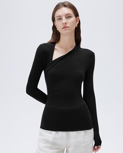 SUUKSESS Modal Cashmere Long Sleeve T Shirts for Women Ultralight Fall Fashion 2025 Trendy Asymmetric Neck Casual Tops4