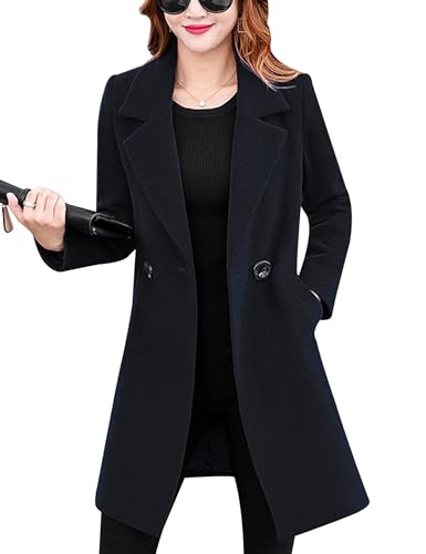 Tanming Womens Elegant Notched Collar Button Wool Blend Solid Long Pea Coat Overcoat