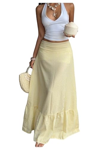 Milumia Women's Striped Ruffle Hem A Line Skirt Mid Waisted Summer Beach Maxi Skirts