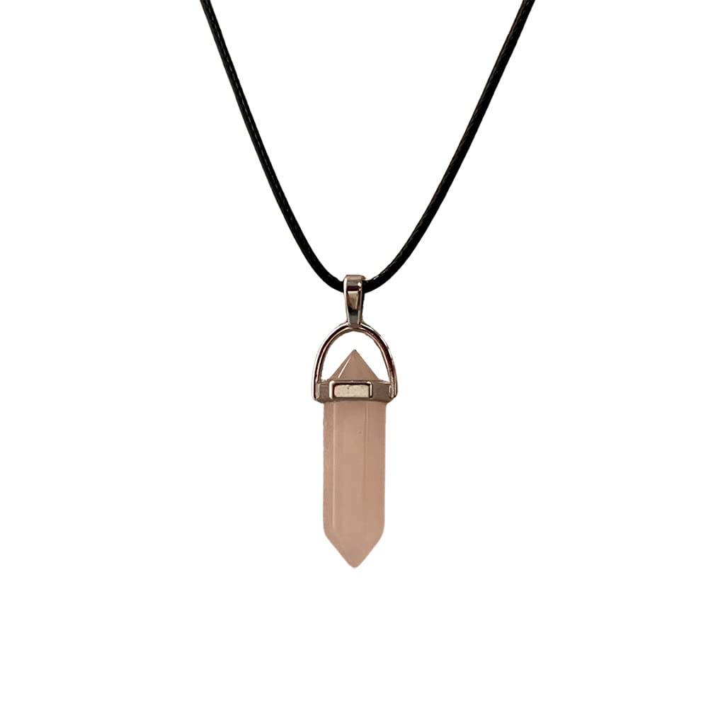 VIE Double Point Pencil Pendant, Black String, Rose Quartz