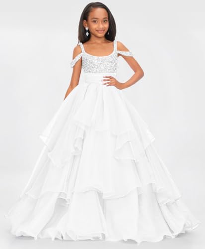 Off Shoulder Girls Pageant Dress Long Pearl Ruffles Princess Prom Party Ball Gowns with Train PT1482