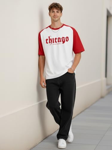 Image of LEOTUDE Men's Half Sleeve Cottonblend Printed Colourblocked Round Neck Drop Shoulder Oversized Tshirt for Man (Color Red)