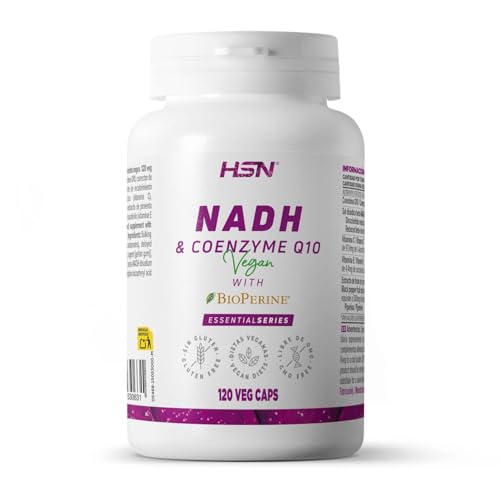 HSN NADH 10mg + Coenzima Q10 100mg | 120 Cápsulas Vegetales de Liberación Retardada | Con Bioperine | Estabilidad Garantizada y Absorción Optimizada | No-GMO, Vegano, Sin Gluten