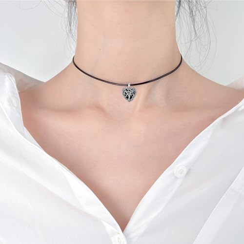 AOBOCO Leather Choker Necklace for Women 925 Sterling Silver Pendant with Crystal from Austria 16''2