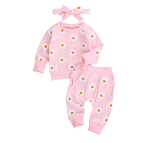 Newborn Baby Girl Fall Clothes Little Daisy Long Sleeve Sweatshirt Top + Pockets Pants + Headband 3Pcs Outfit Set (A-Big Daisy Pink,12-18 Months)