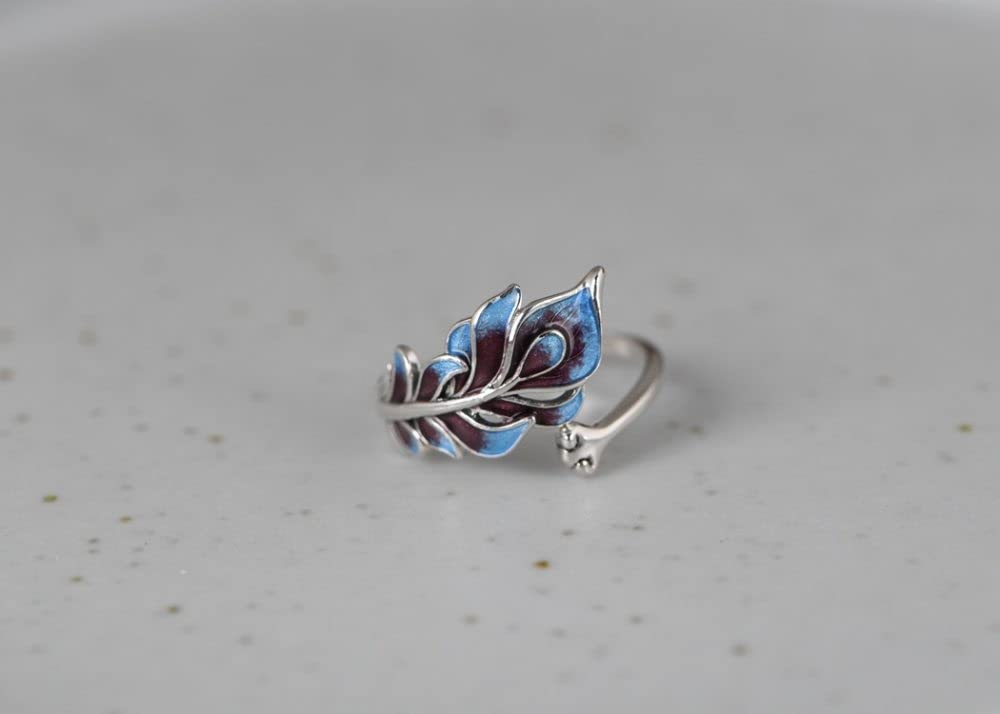 HGJH Silberringe Damen 925,S925 Sterling Silber Cloisonne Pfauenfeder Ring Verstellbare Ringe Retro Zeigefinger Ring Silber Ewigkeitsring Hochzeit Charme Schmuck Geschenke Für Männer Mädchen Damen