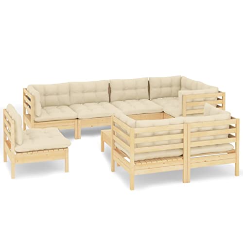 vidaXL Bois de Pin Massif Salon de Jardin 9 pcs avec Coussins Mobilier de Patio Meubles d'Extérieur Mobilier de Jardin Meubles de Terrasse Crème