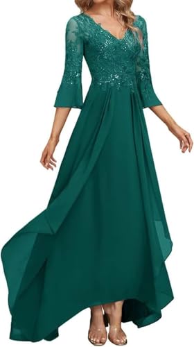 Lace Applique Mother of The Bride Dresses for Wedding 3/4 Sleeve V Neck Chiffon Long Formal Evening Gowns for Wedding Party3