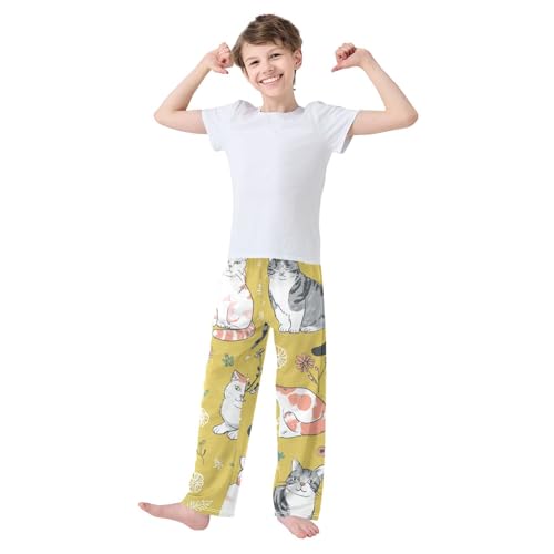 Cat Spring Flower Boys Long Pants Soft Trousers Elastic Waist Kids Lounge Bottoms with Pockets S-XL3