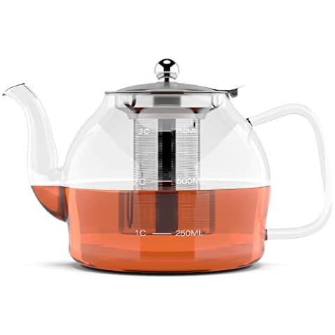 HEFTMAN Glass Teapot 800ml - Clear Glass Teapot With Infuser for Loose Tea, Serves 2-4 Cups, Made of Heat Resistant Borosilicate Glass, With Non-Dripping Spout & Removable Stainless Steel Strainer/Lid Cover