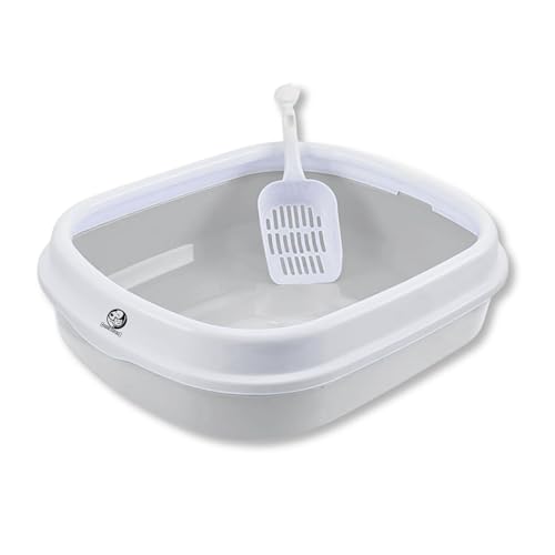 Image of Foodie Puppies Cat Litter Box Tray with Rim and Scooper (Large, 46 x 38 x 13 cm) | Semi-Closed Design and Durable Quality | Pet Litter Sand Tray Suitable for All Adult Cats & Kittens (Light Grey)