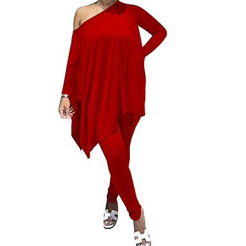 Kafiloe Womenâ€™s Sexy Off Shoulder Long Sleeve Pullover Top Bodycon Pants Set 2 Pieces Workout Outfit Tracksuit Sportswear Red L