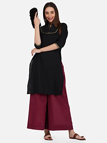 Image of fabcoast Loose Fit Palazzo Pants for Women A-Line Flared Wide Leg Summer Ethnic wear Pure Cotton Cambric with Full Elastic Waistband and 2 Side Pockets