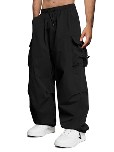 Runcati Mens Baggy Cargo Pants Casual Parachute Pant Loose Fit Drawstring Elastic Waist Harem Joggers for Streetwear Black