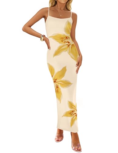 ZESICA Women’s Summer Bodycon Maxi Dresses 2025 Floral Spaghetti Strap Square Neck Sleeveless Boho Beach Long Dresses
