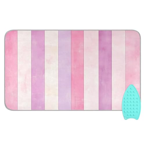 pnyoin Portable Ironing Mat Pink and Purple Stripes Travel Ironing Pad with Silicone Iron Rest for Steam Pressing on Tabletop or Bed Heat Resistant Portable Quilting & Travel Blanket