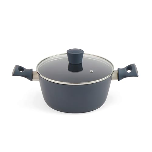 Salter BW12270EU7 Marino 24cm Non-Stick Stockpot – Induction Safe, PFOA-Free, Use Little/No Oil, Soft-Touch Handles, Forged Aluminium, Tempered Glass Lid & Steam Vent, Casserole, Blue Grey