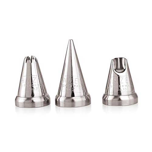 HAZEL Cake Nozzle Set of 3 | Nozzle Set for Cake |Cake Decorating Nozzle Set | Piping Bag Nozzle, (N2 Round Shape, N8 Closed Star Shape, N15 Ruffles Shape) Silver