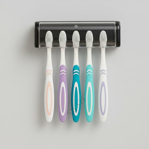 Image of Swaze Plastic Toothbrush Holder with Antibacterial Cover for Bathroom | 5-Slots Wall Mounted Toothbrush Holder with self Adhesive & Screw Options | Bathroom Organizer (Matte Black)