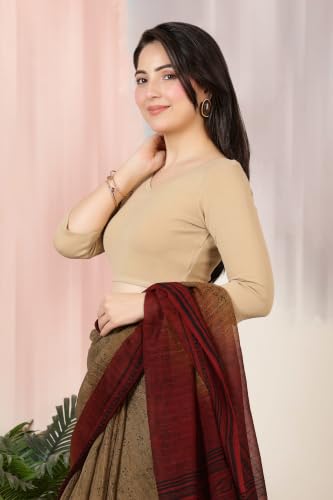 Image of Mlada V-Neck Stretchable Saree Blouse Top for Women | Slim Fit 3 /4th Sleeves Solid Cotton Blouses | Readymade Saree Blouses for Women Festive & Ethnic | Blouse Crop Top