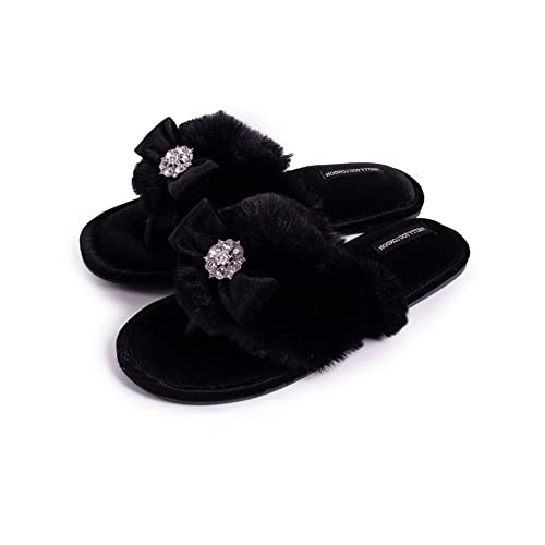 Pretty You London Women's Amelie Thong Slide Slipper with Bow and Rhinestone in Black