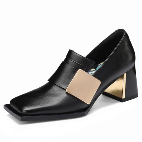Image of Loafers for Women Patent Leather Buckle Square Toe Chunky Block Dress Slip On Wide Casual Comfortable Dressy High Heels Ladies Comfort Moccasins Elegantes 2 Inch Shoes