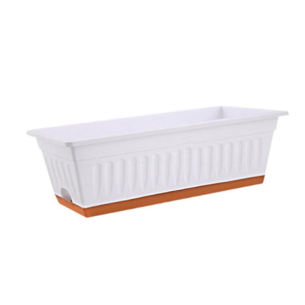 Pugermering Flower Box, Plant Pot with Tray And Drainage Holes, Rectangular, Planter for The Windowsill, for Garden And Terrace, Lightweight, White
